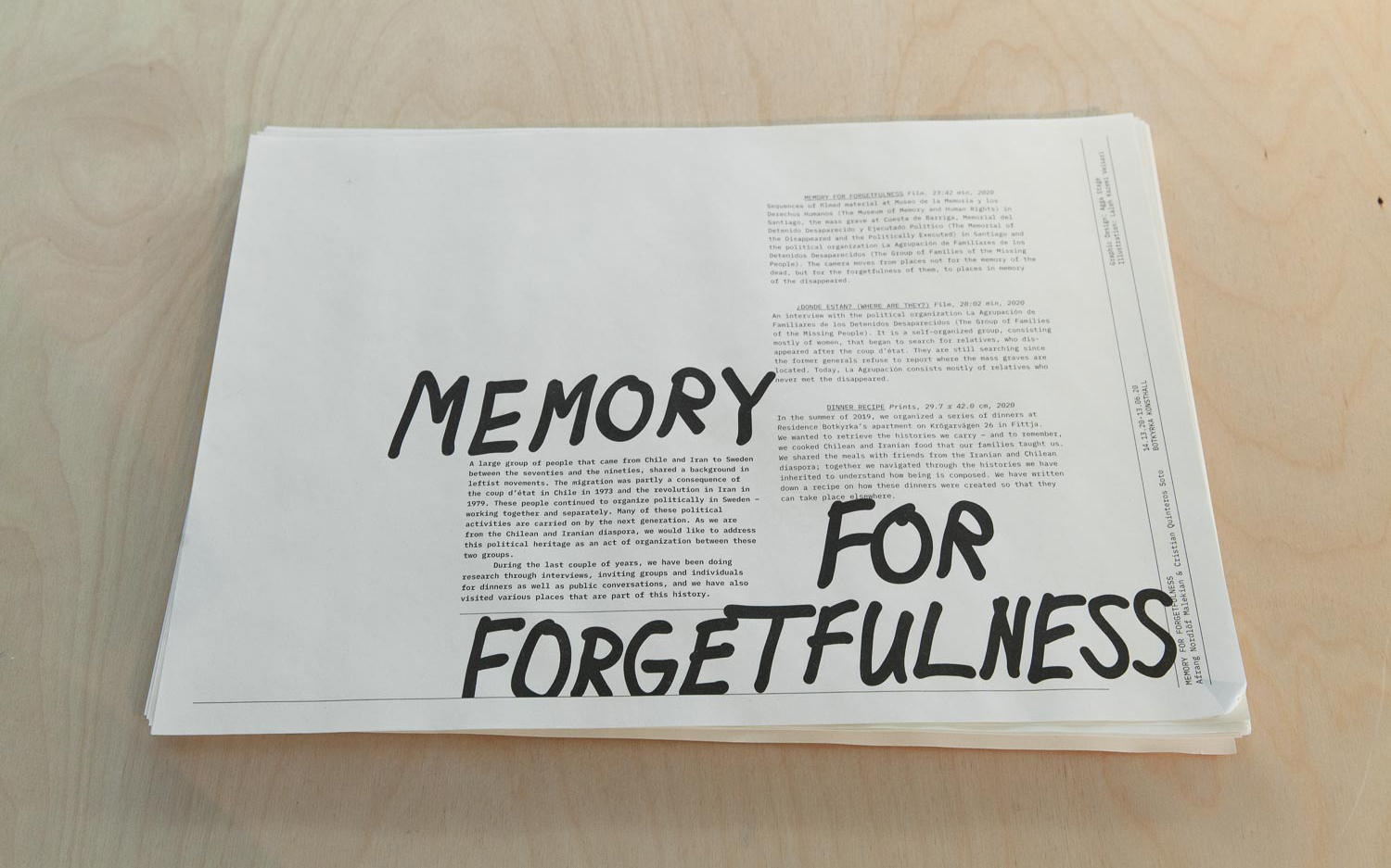 Cristian Quinteros Soto & Afrang Nordlöf Malekian, Memory for Forgetfulness, 2020. Photo: Hanna Ukura